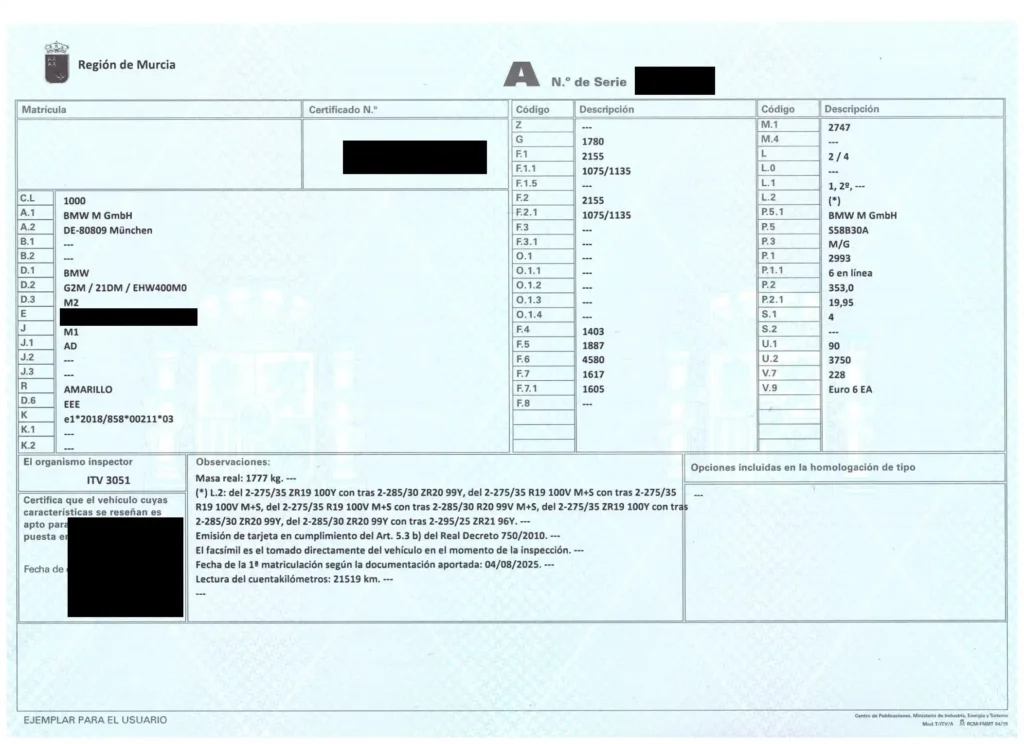 Ficha técnica española de un coche anverso