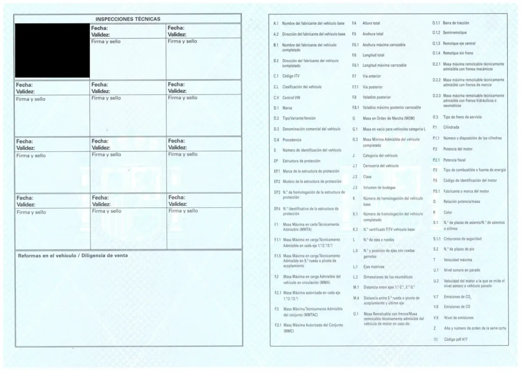 Ficha técnica española de un coche reverso