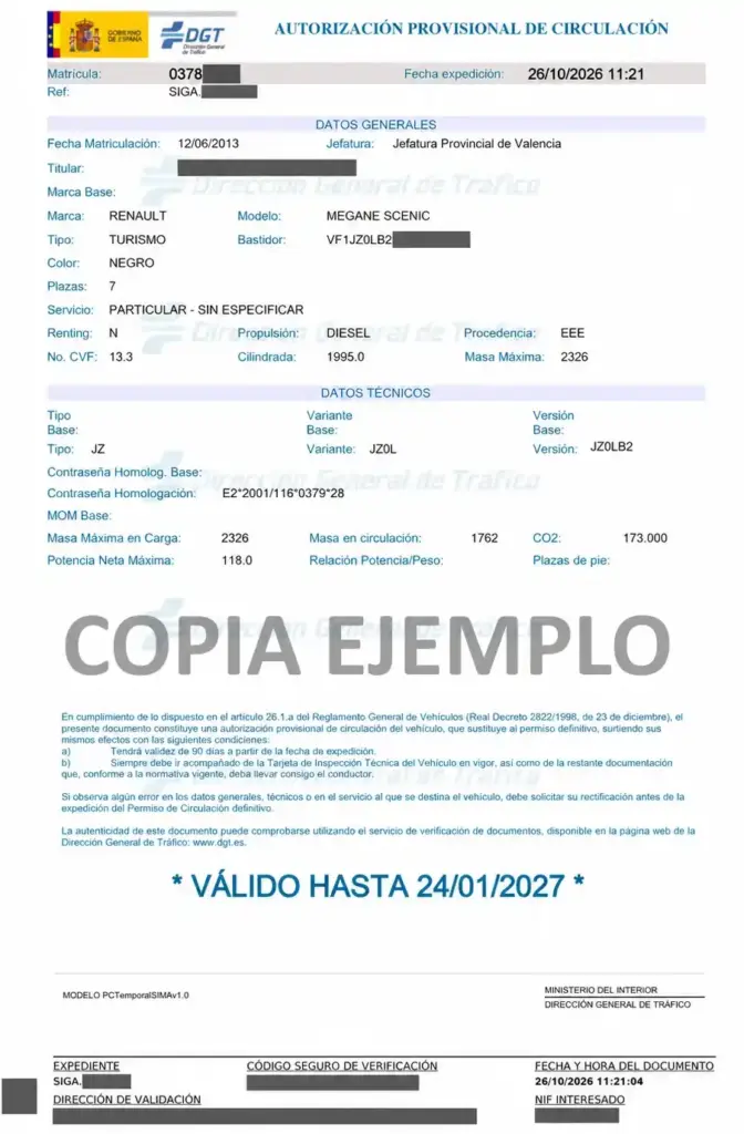 ejemplo permiso temporal matricula