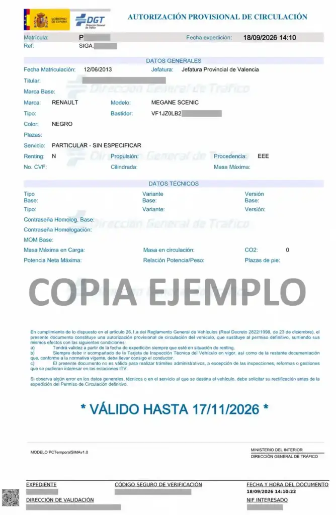 ejemplo permiso temporal matricula